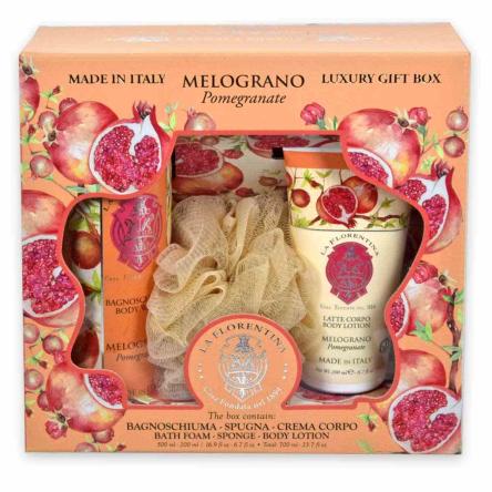 La florentina gift set small melograno 500ml + latte corpo 200ml + spugna