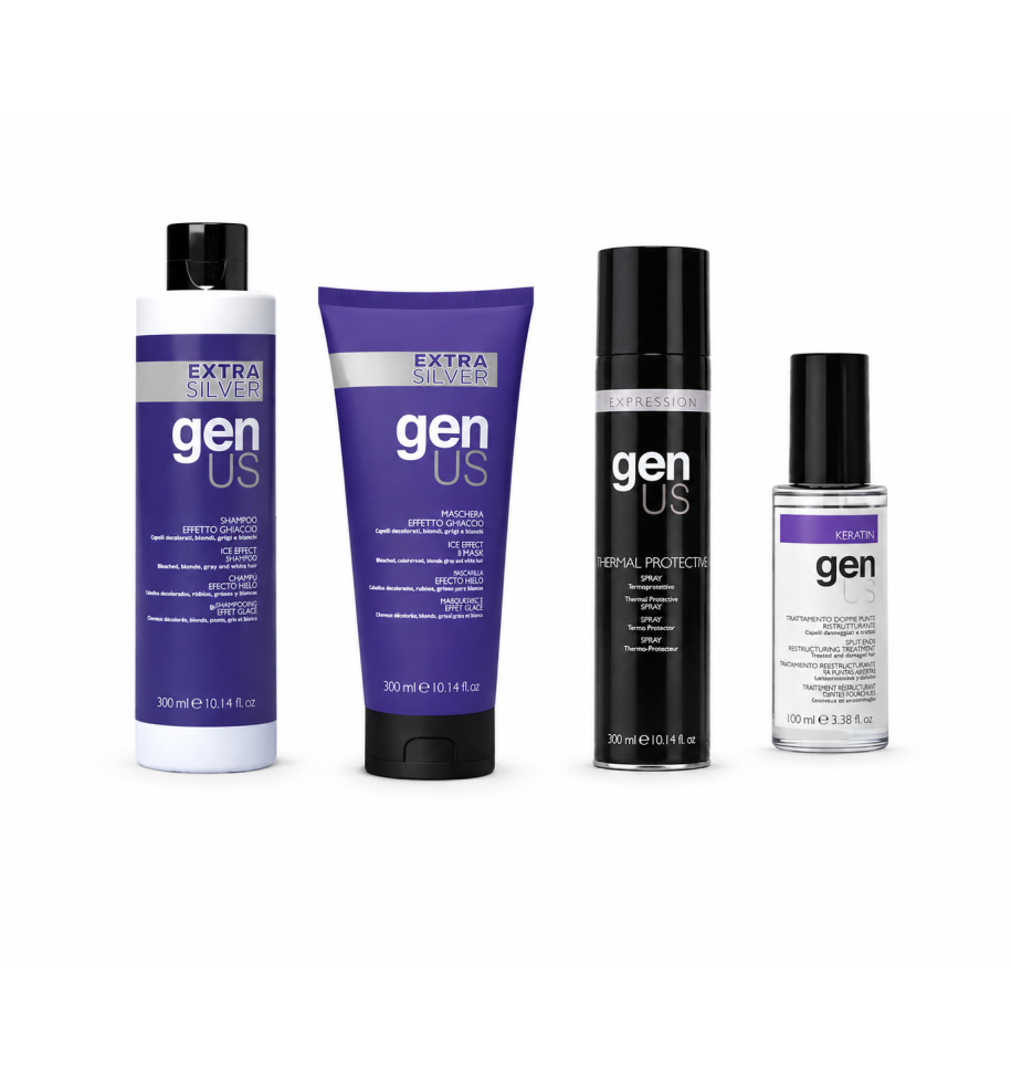 GENUS KIT EXTRA SILVER COMPLETO ANTIGIALLO SHAMPOO MASCHERA TERMOPROTETTORE OLIO KERATINA