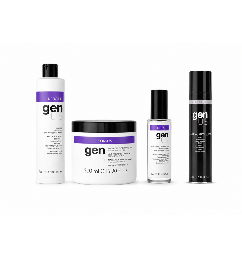 GENUS KIT KERATIN COMPLETO ANTICRESPO SHAMPOO MASCHERA OLIO RISTRUTTURANTE E TERMOPROTETTORE